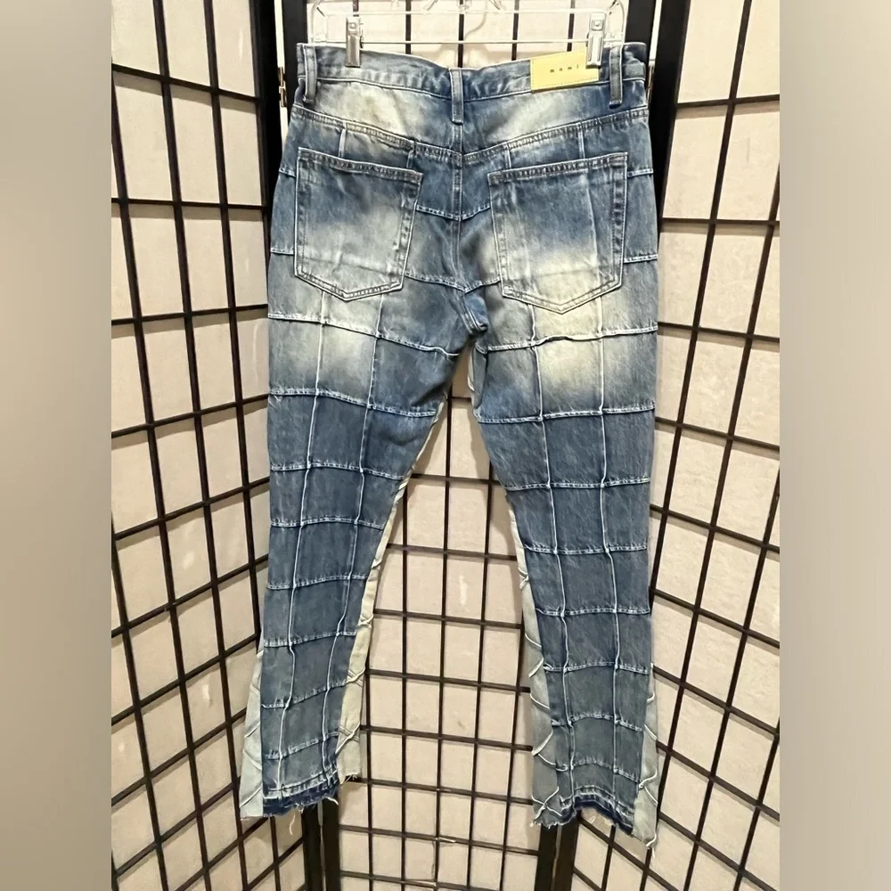 MNML TOKYO FRAYED HEM WINDOW PANE STACKED BUTTON FLY 5 POCKET JEANS SIZE 31X34